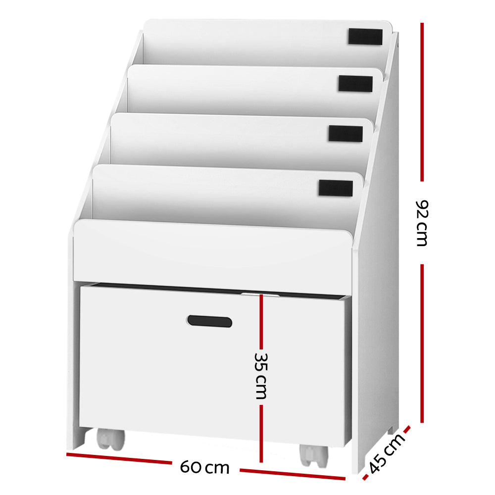 Keezi Kids Bookshelf 4 Tiers White Storage Organiser with Drawers