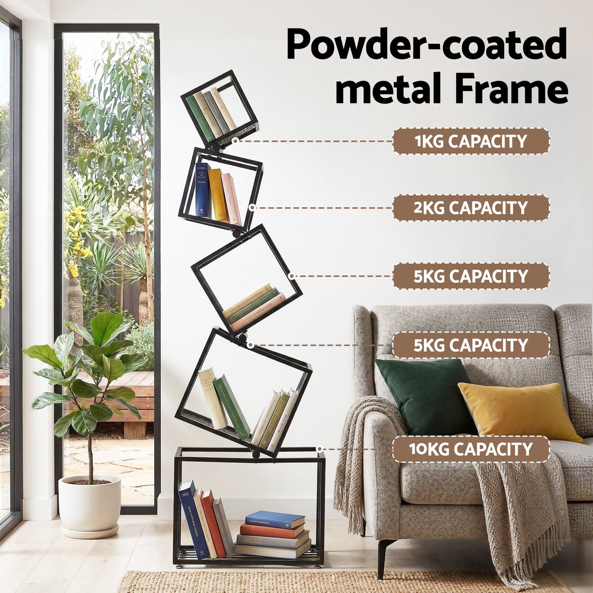 Artiss 5-Tier Bookshelf Metal Geometric Display Shelf Storage Organizer Black