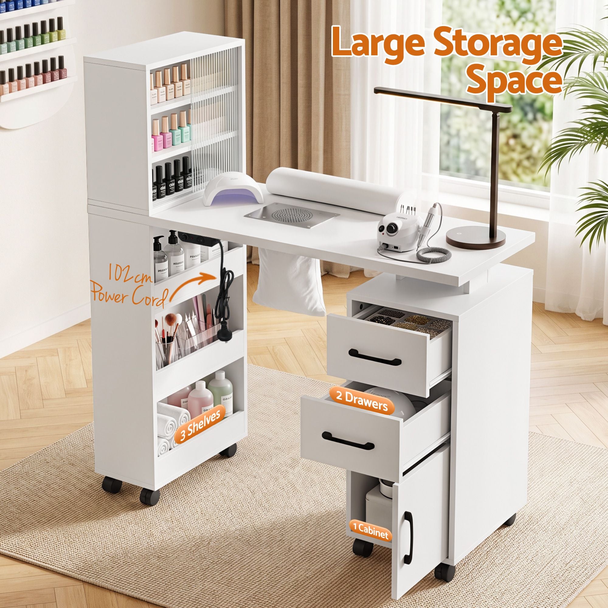 Artiss Manicure Table Nail Desk with Built-in Dust Collector Beauty Salon Station Drawers Shelves Wrist Cushion White
