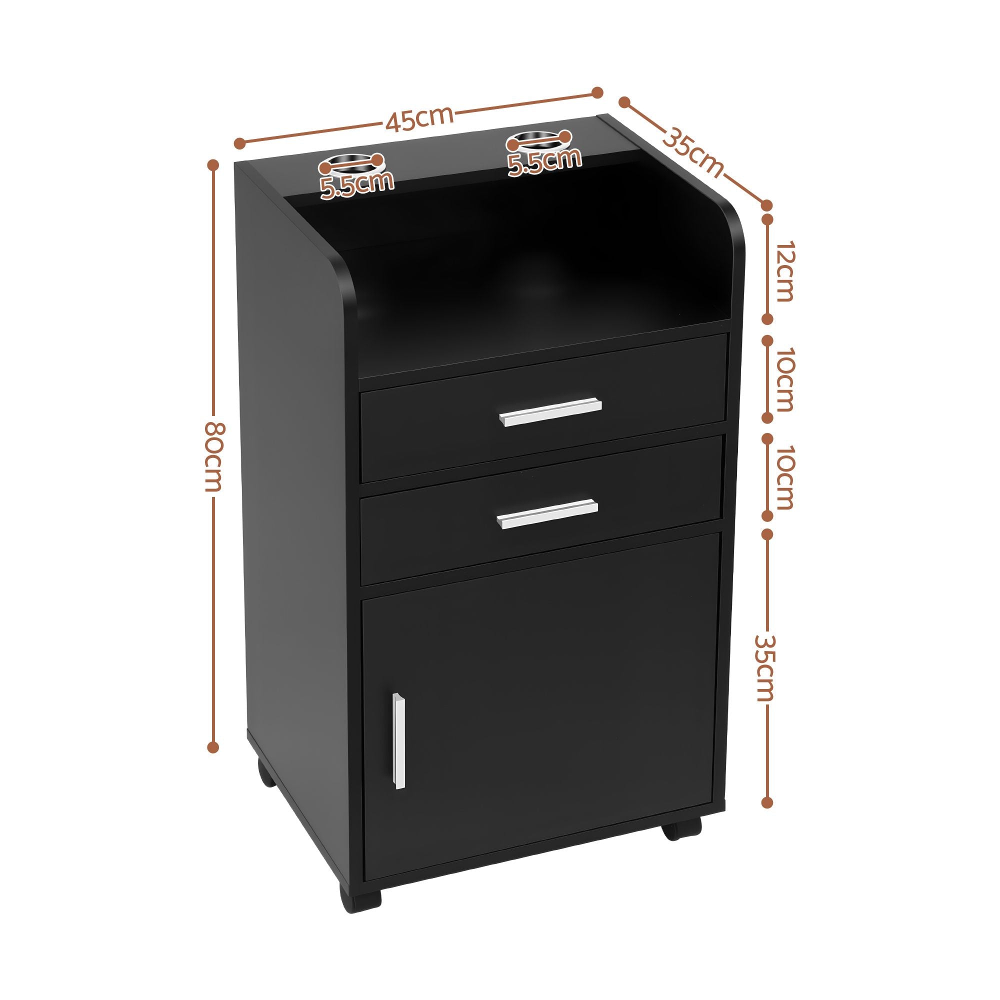 Artiss Professional Salon Station Rolling Cart, Hair Styling Beauty Cabinet with 2 Drawers & 2 Appliance Holders, Wood Barber Spa Trolley with 360° Wheels for Skincare & Vanity, Black