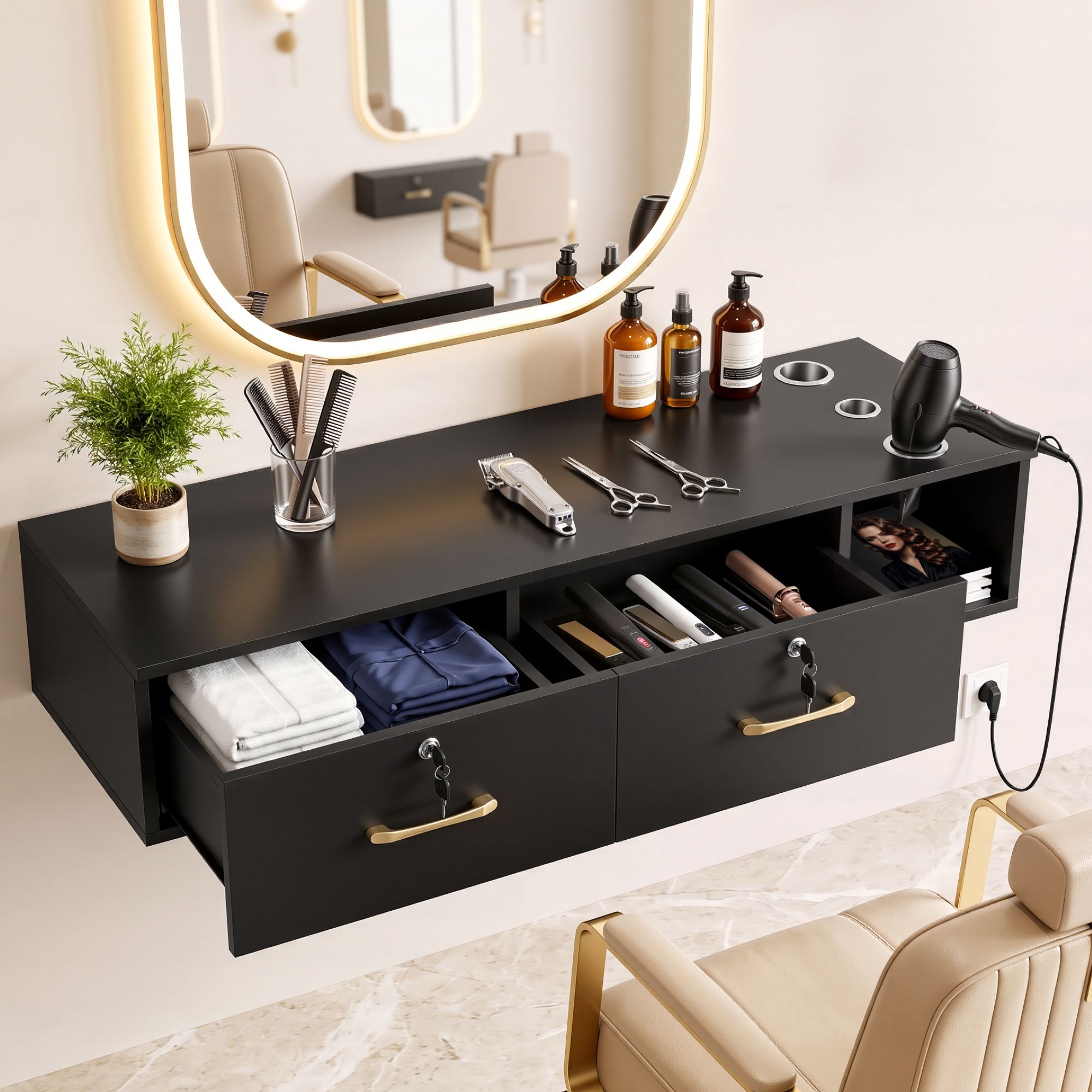 Artiss Wall Mounted Salon Station Cabinet, Hair Styling Station with 2 Lockable Drawers & 3 Appliance Holders, Wooden Barber Spa Equipment for Vanity, Black