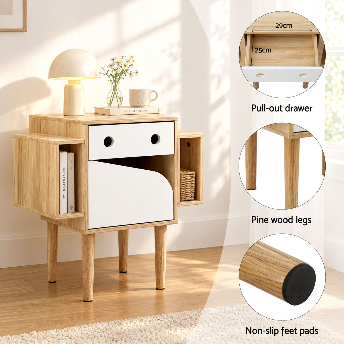 Artiss Bedside Table with Drawer Robot Design for Kids' Room Bedroom Pine