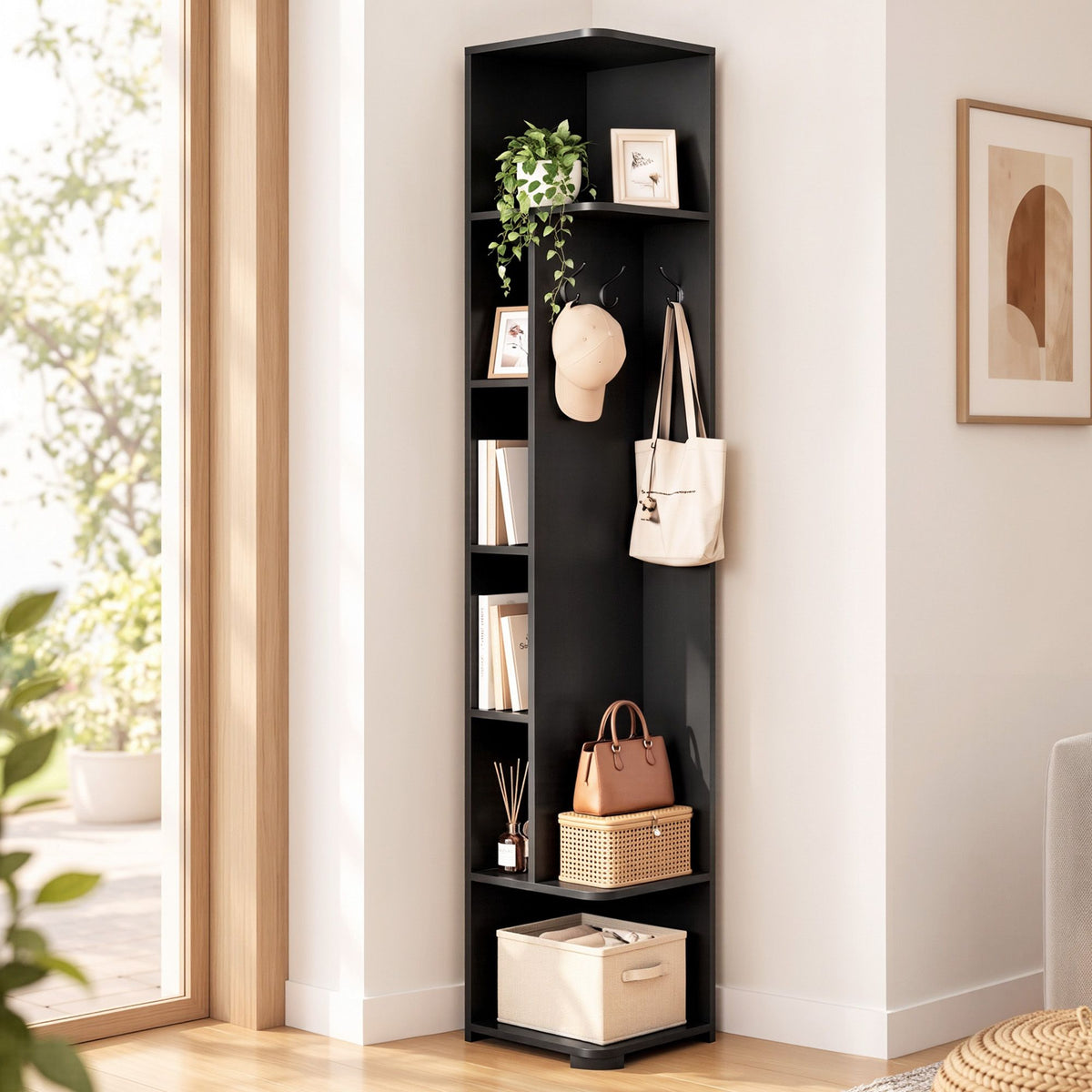 Artiss 6-Tier Corner Bookshelf with Coat Rack Black
