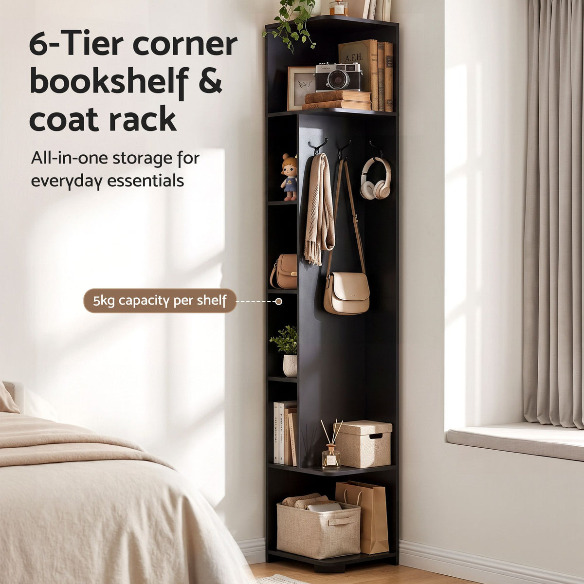 Artiss 6-Tier Corner Bookshelf with Coat Rack Black