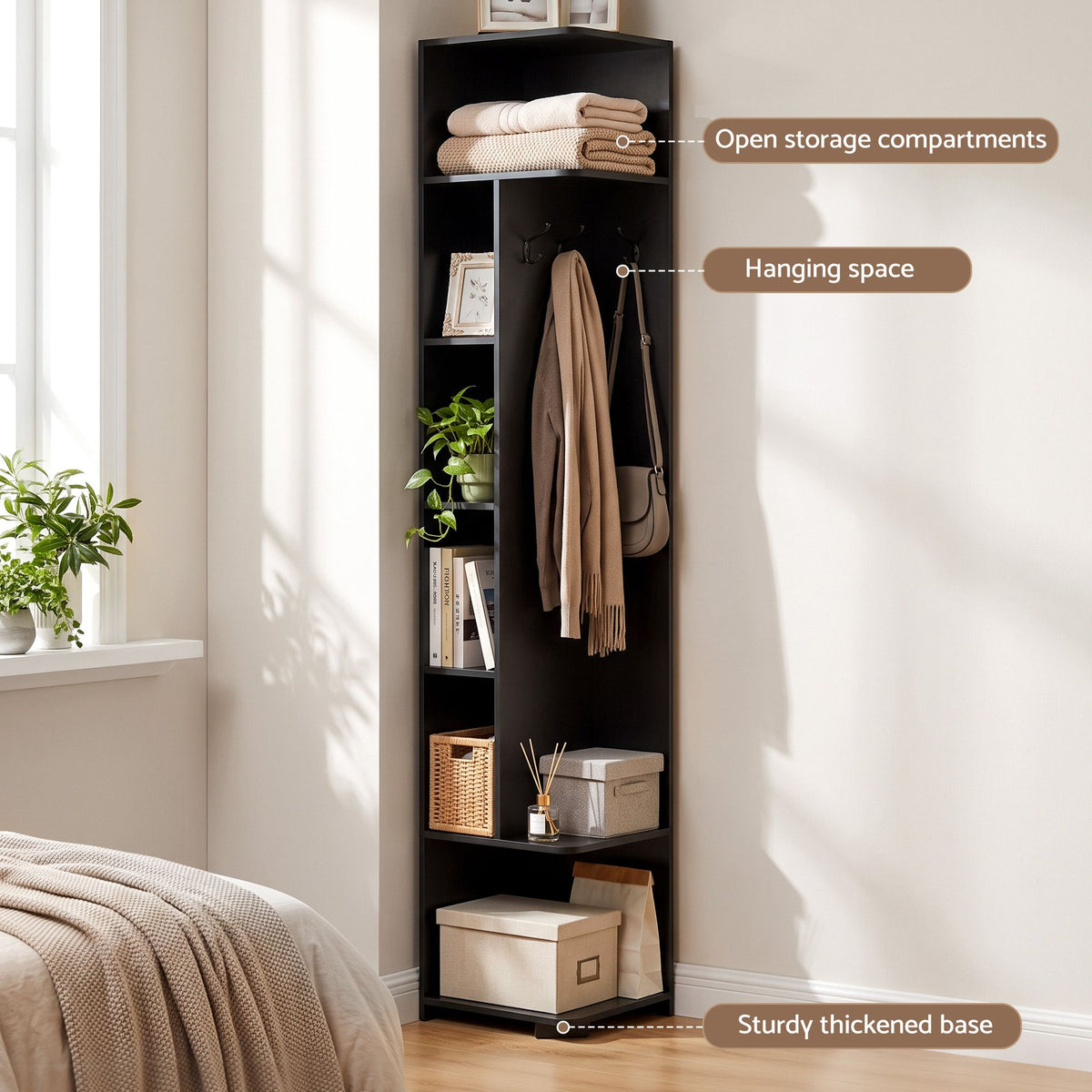 Artiss 6-Tier Corner Bookshelf with Coat Rack Black
