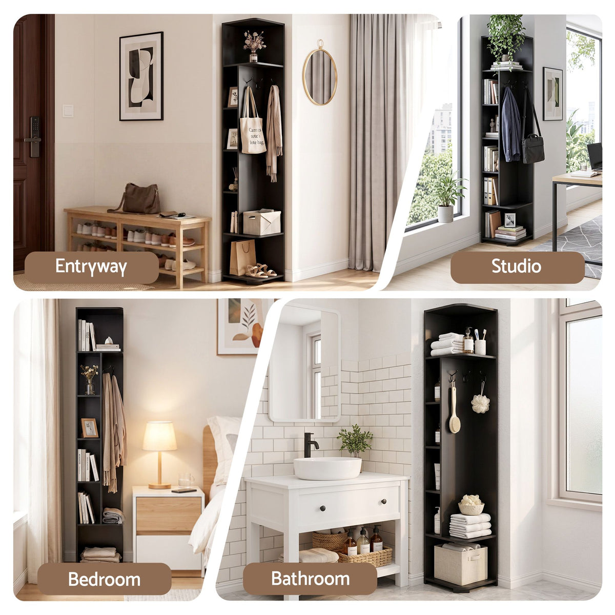 Artiss 6-Tier Corner Bookshelf with Coat Rack Black