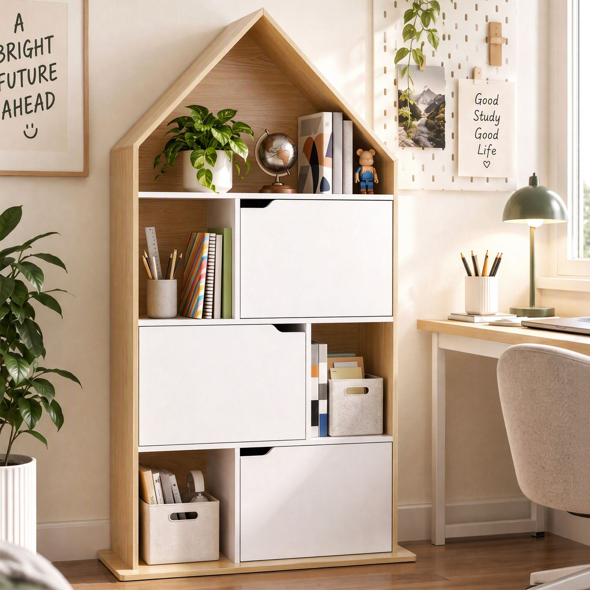 Artiss Kids House Bookshelf 4 Tier Storage Cabinet White Pine