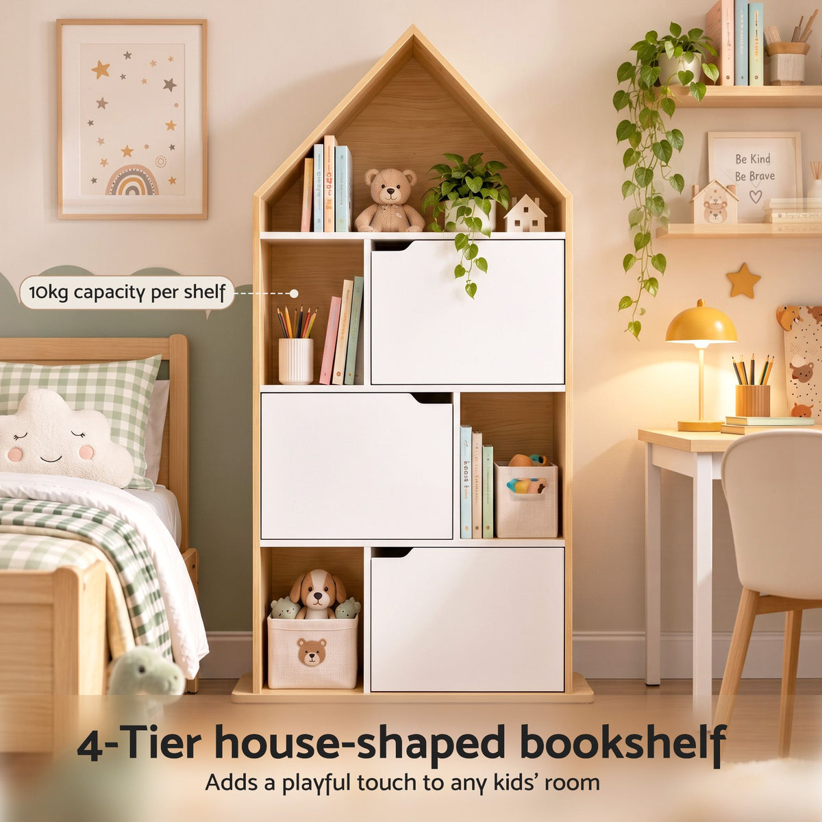 Artiss Kids House Bookshelf 4 Tier Storage Cabinet White Pine