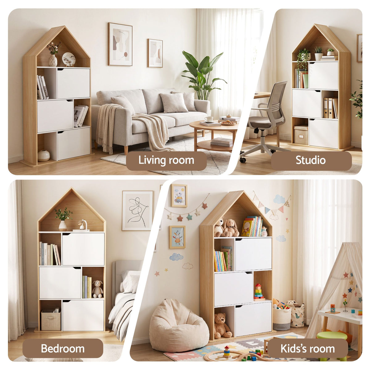 Artiss Kids House Bookshelf 4 Tier Storage Cabinet White Pine