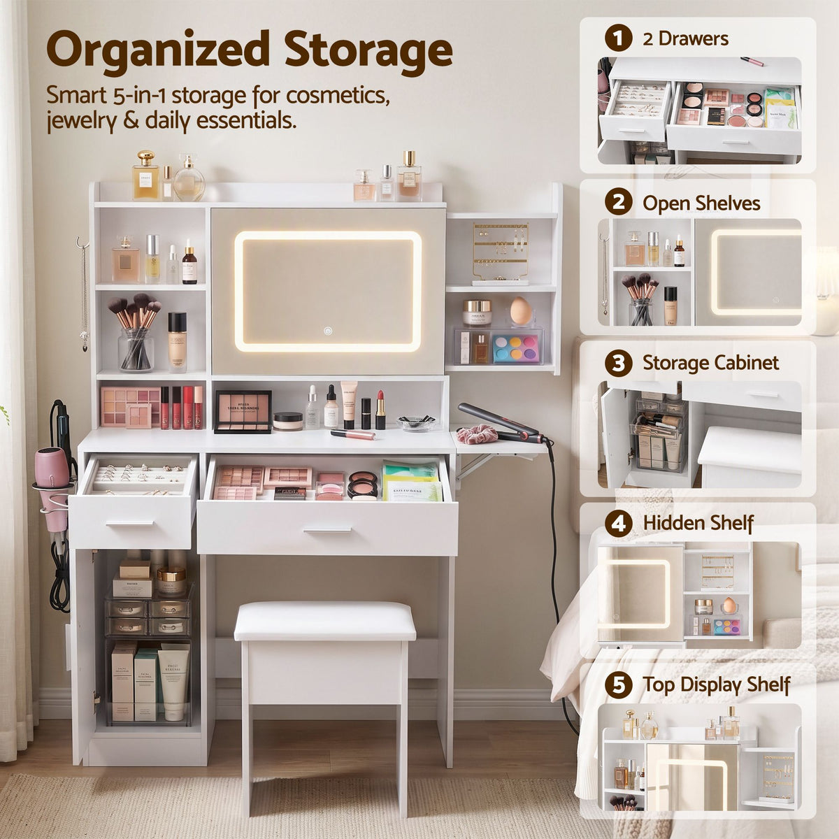 Artiss Dressing Table Vanity Desk Set Stool LED Charging Station White
