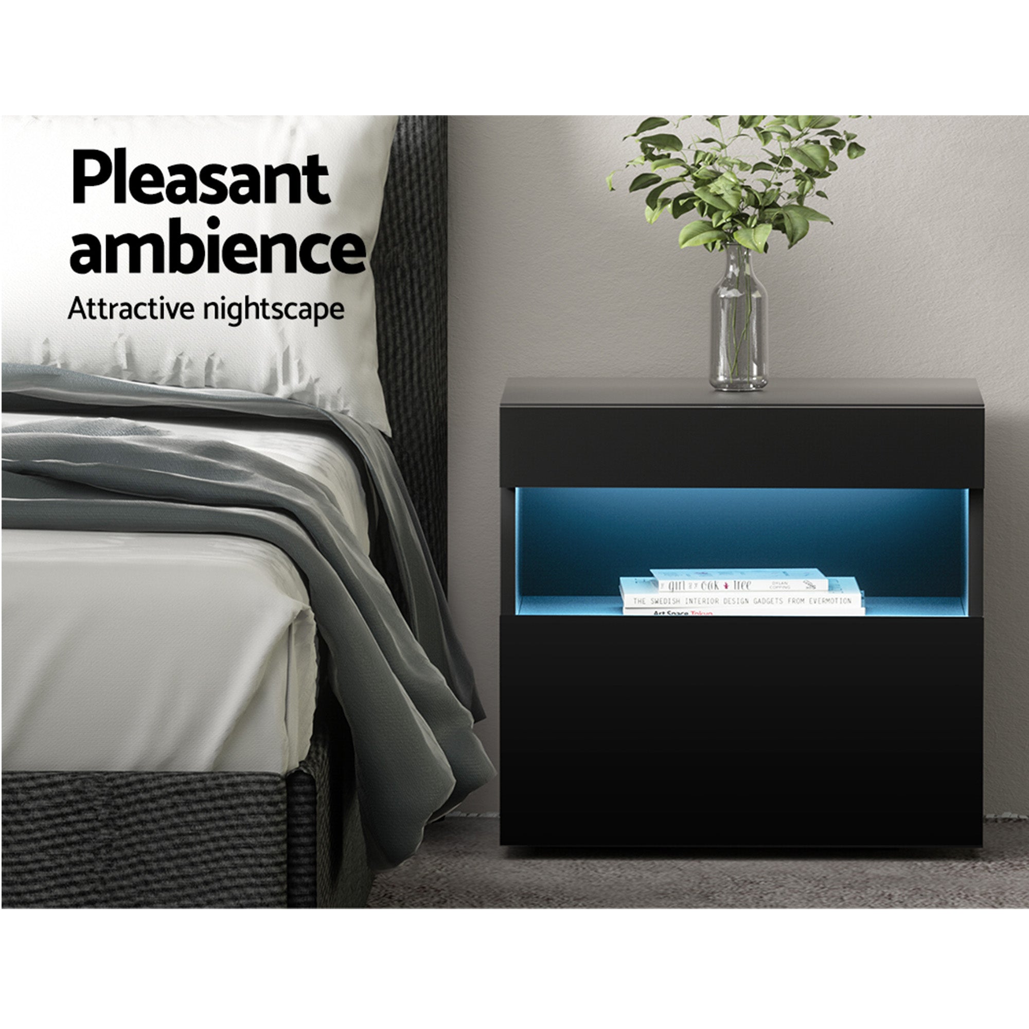 Artiss 2x Bedside Table LED - HERES Black