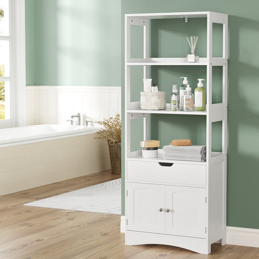 White MDF Bathroom Storage Cabinet with Shelves & Doors