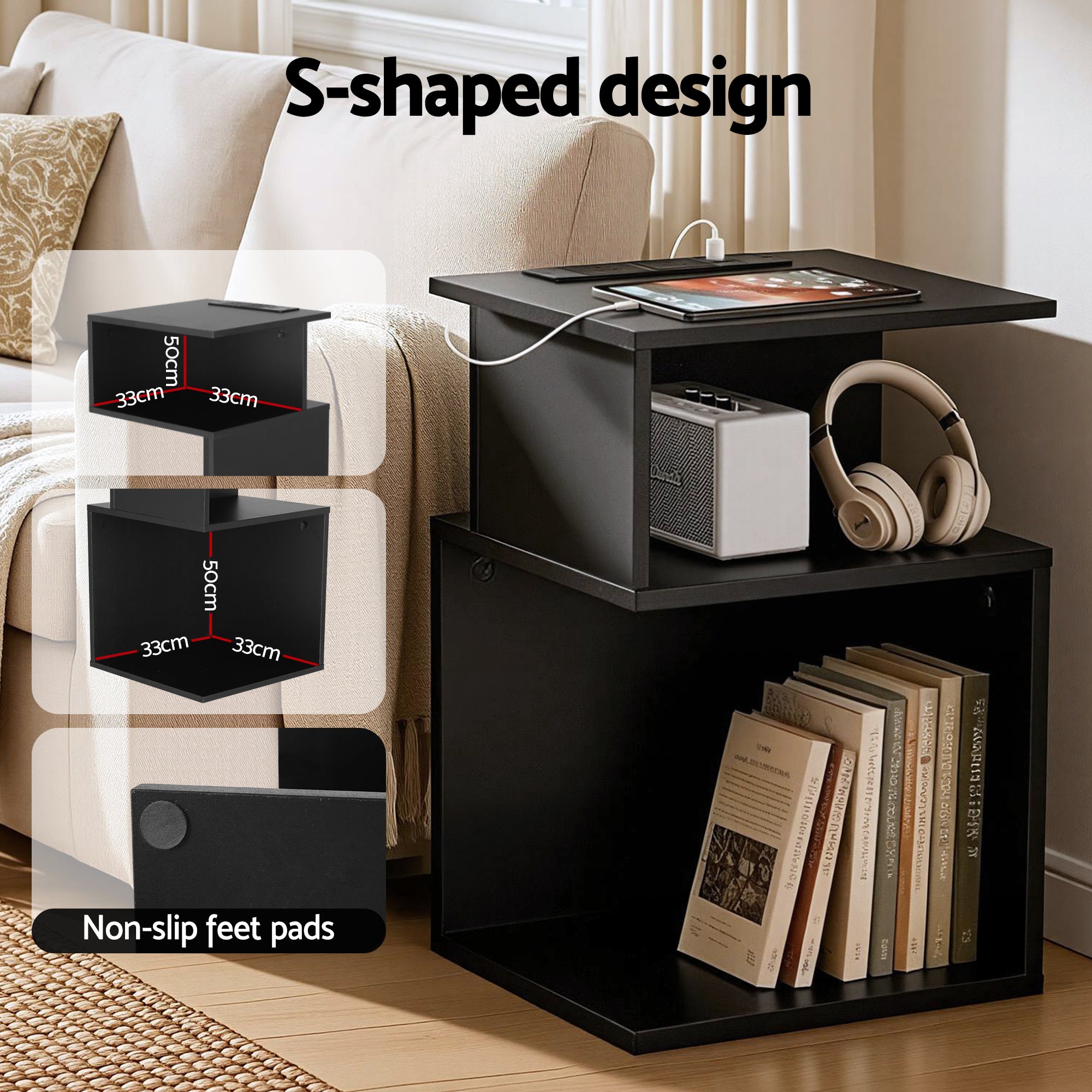 Artiss Bedside Table 2 Shelves S-Shaped Charging Station Black