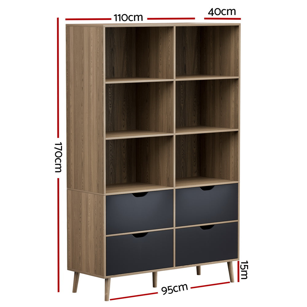 MITZI Oak and Blue Bookshelf 4 Drawers