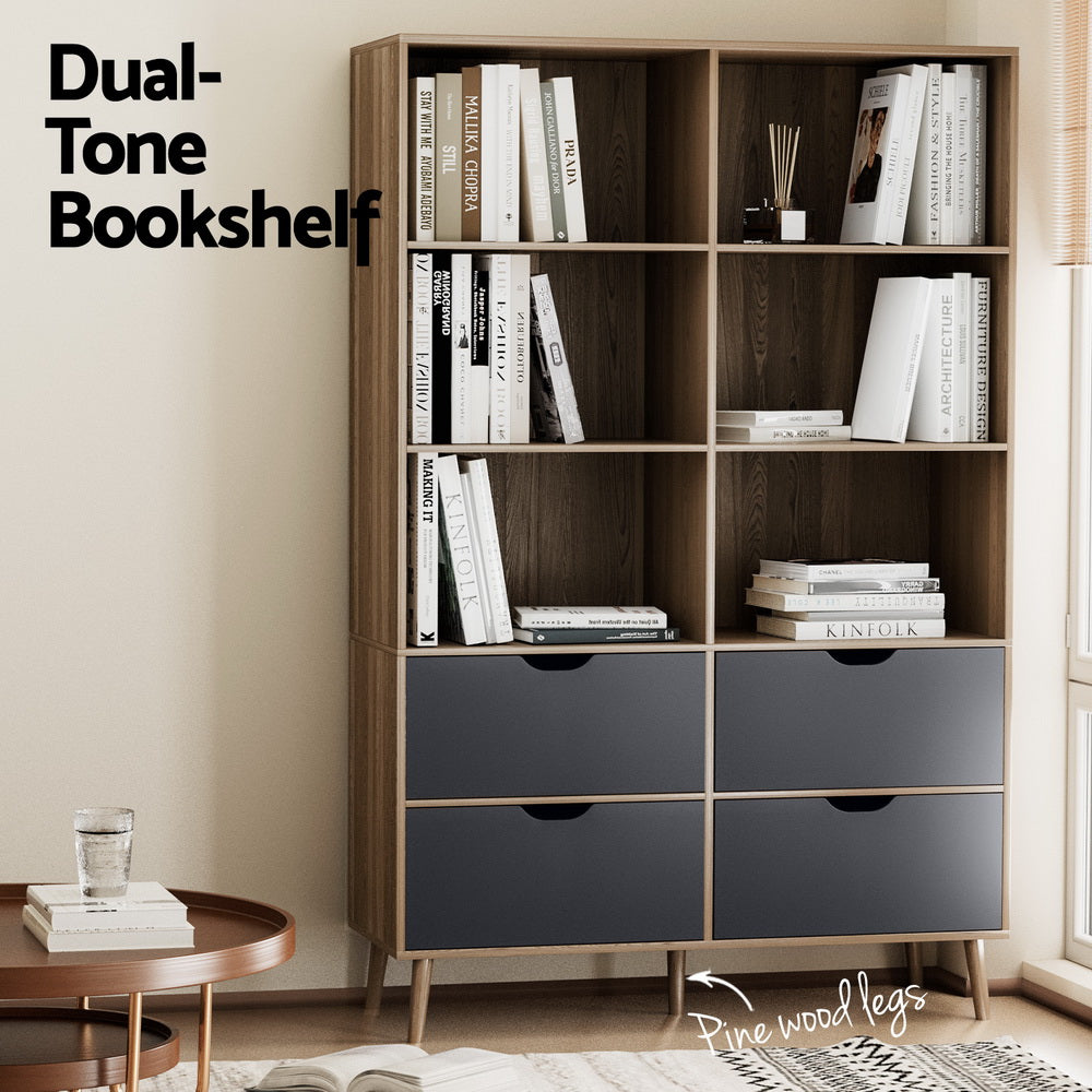 MITZI Oak and Blue Bookshelf 4 Drawers