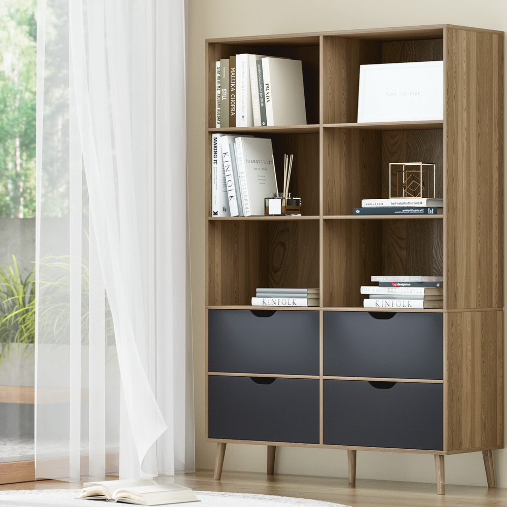 MITZI Oak and Blue Bookshelf 4 Drawers