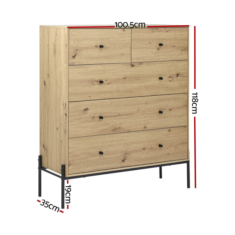 Arno 5-Drawer Chest Light Oak Black Industrial Style