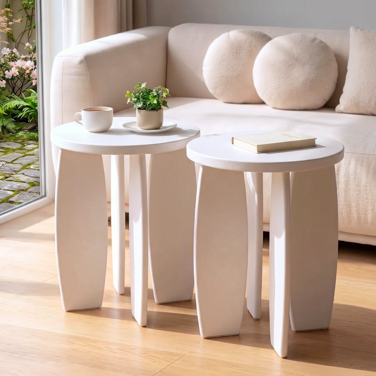 Artiss Round End Table Set of 2 Coffee Table 40x45cm Cream white