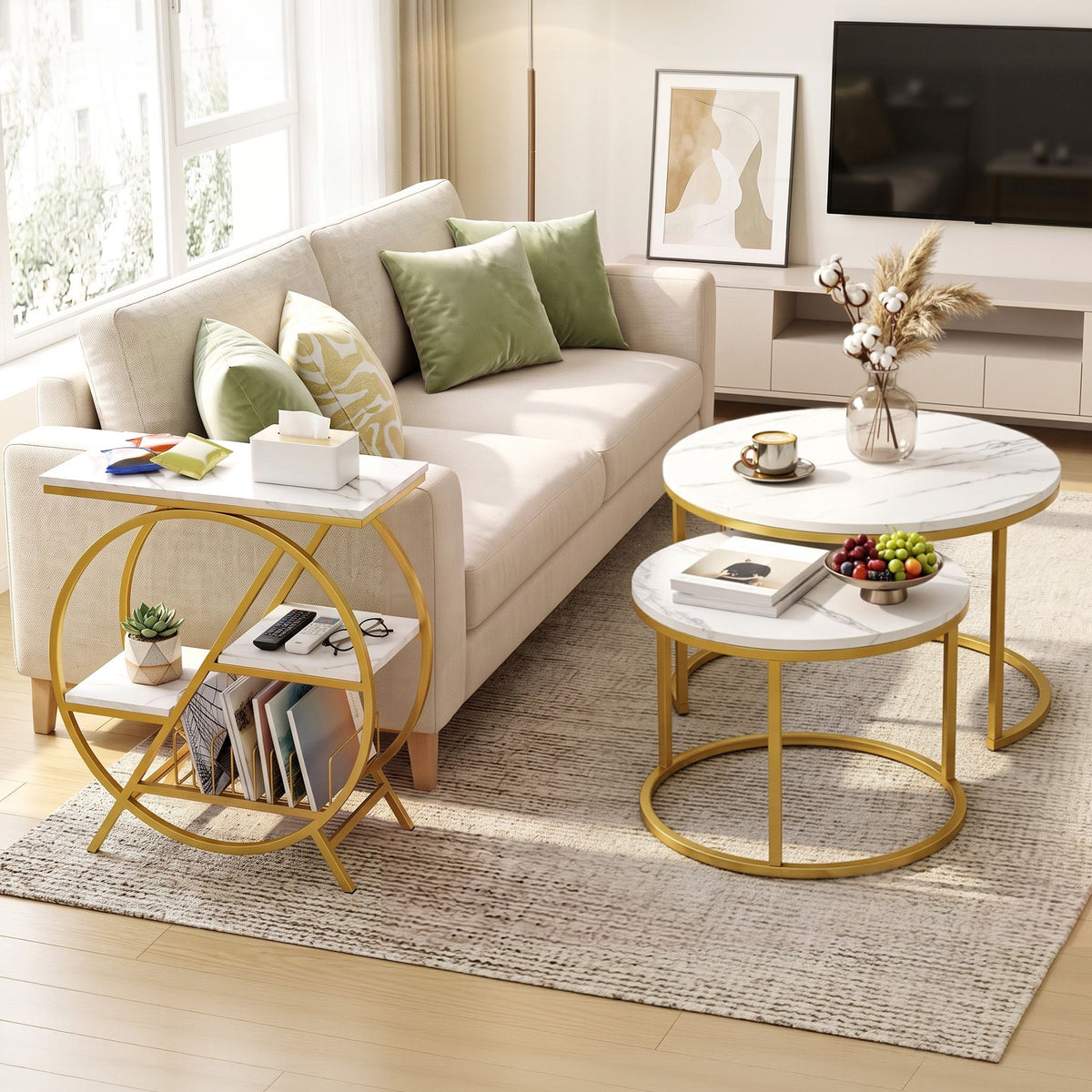Artiss Marble Top Side Table Nightstand Storage Shelf White & Gold