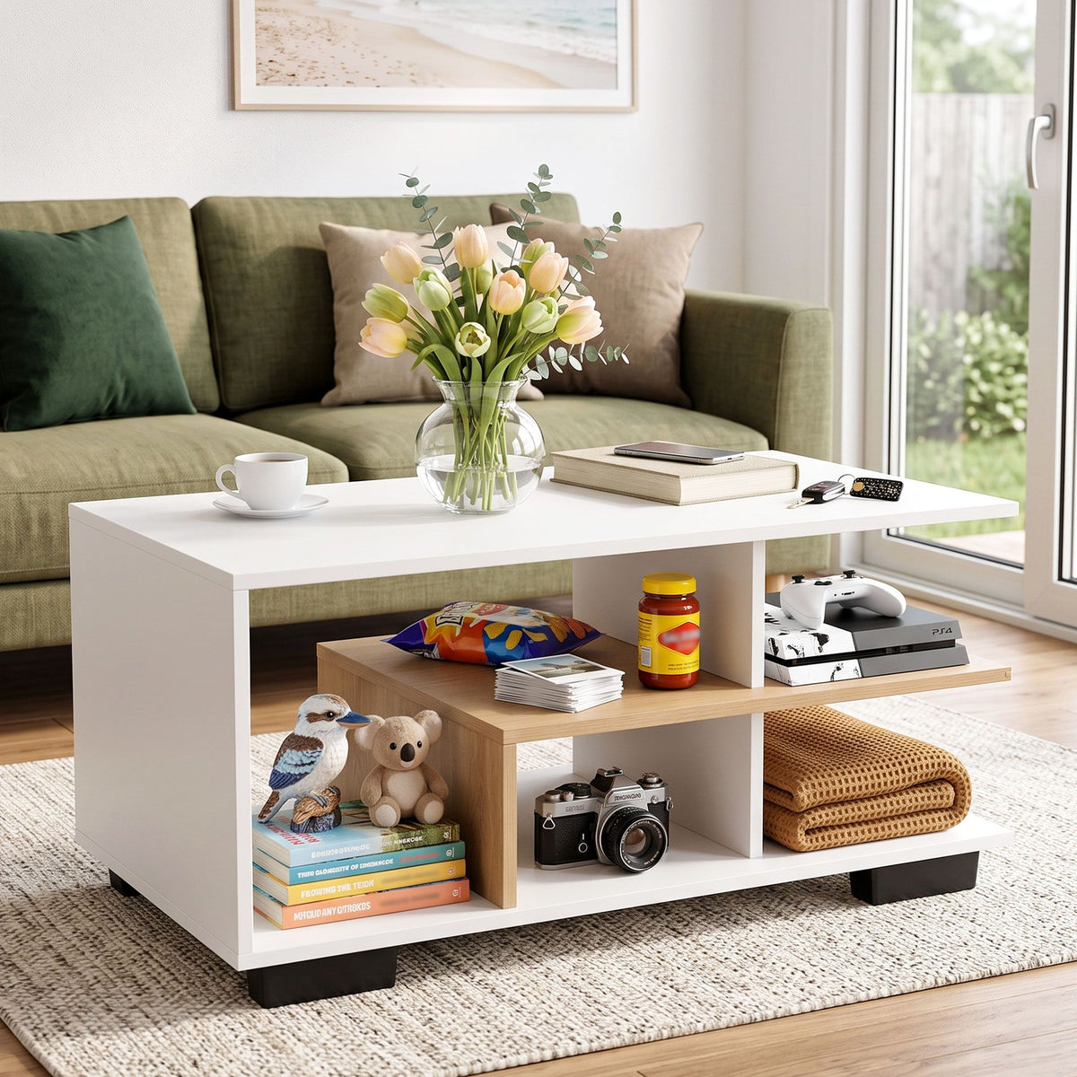 Artiss Coffee Table 90cm Center Table 3 Tier Open Storage Shelf Modern Living Room White & Wood