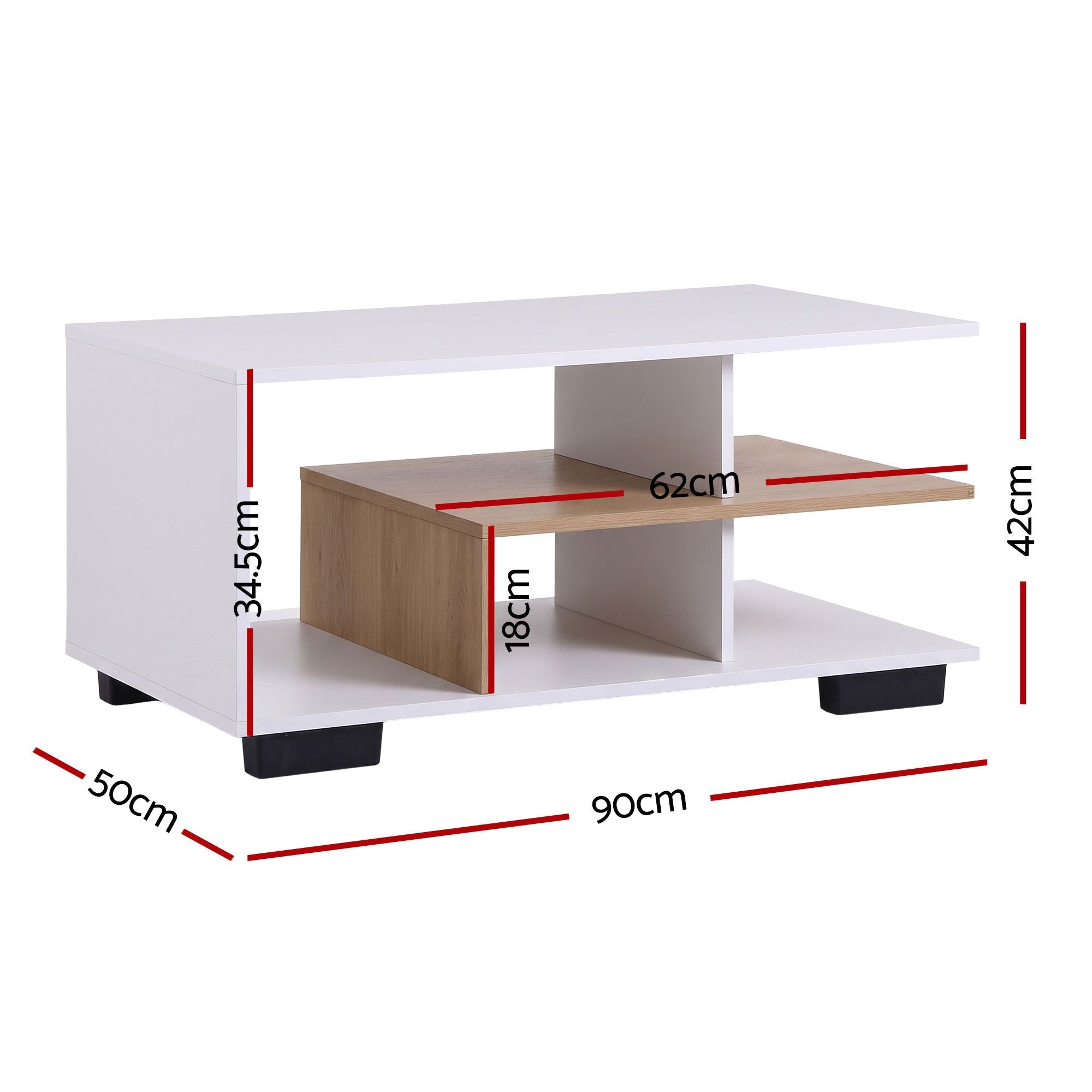 Artiss Coffee Table 90cm Center Table 3 Tier Open Storage Shelf Modern Living Room White & Wood