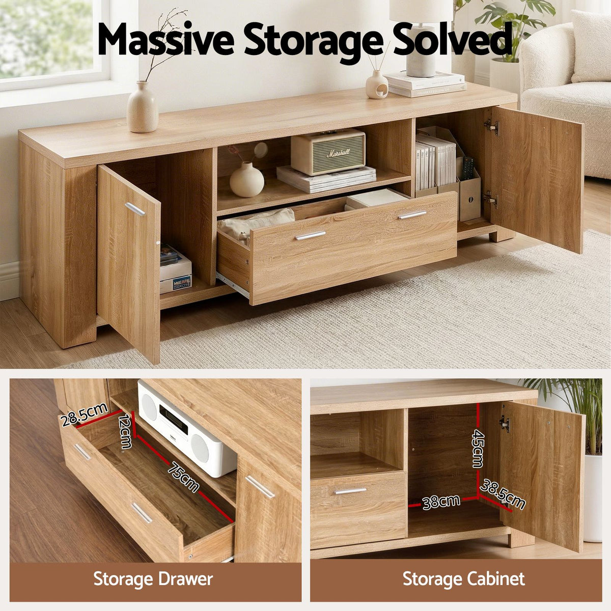 Artiss 180cm TV Entertainment Unit with Storage Drawer Pine