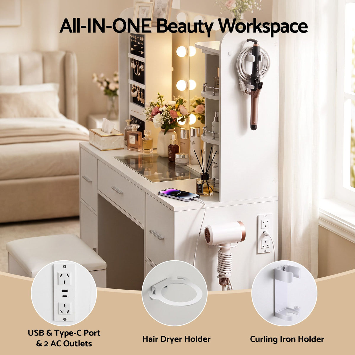 Artiss Dressing Table Vanity Desk LED Mirror Stool Set Charging Station Glass Top Rotating Shelf White
