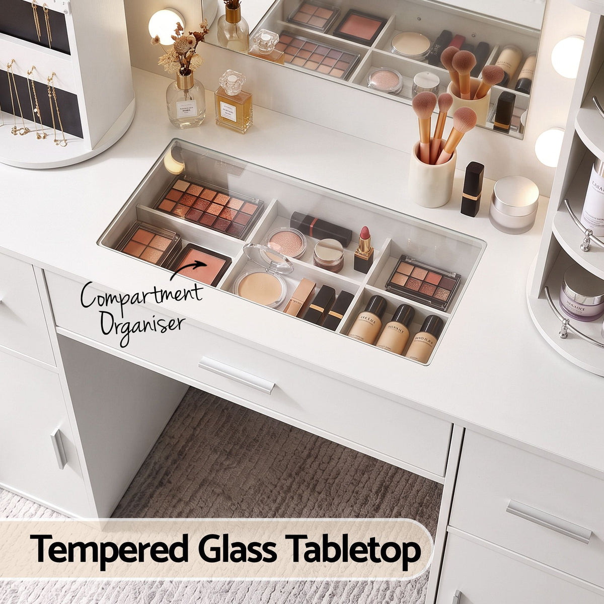 Artiss Dressing Table Vanity Desk LED Mirror Stool Set Charging Station Glass Top Rotating Shelf White