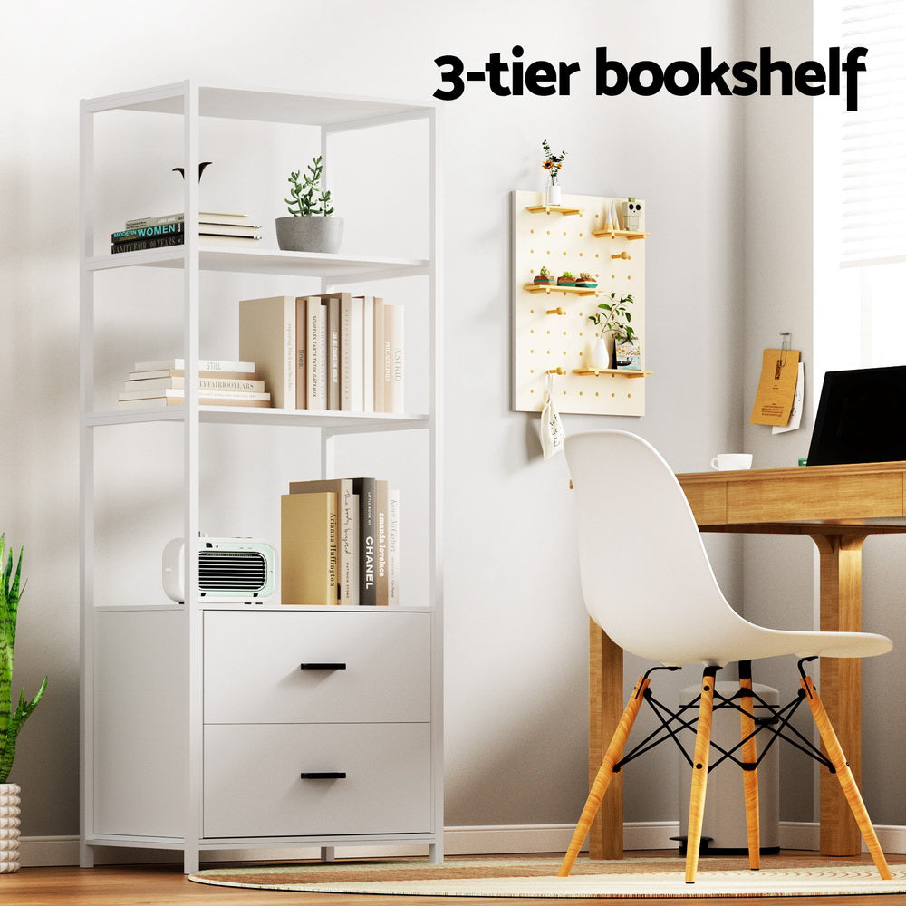 3-Tier Bookshelf with 2 Drawers, Anti-Tip Kit, White - Artiss