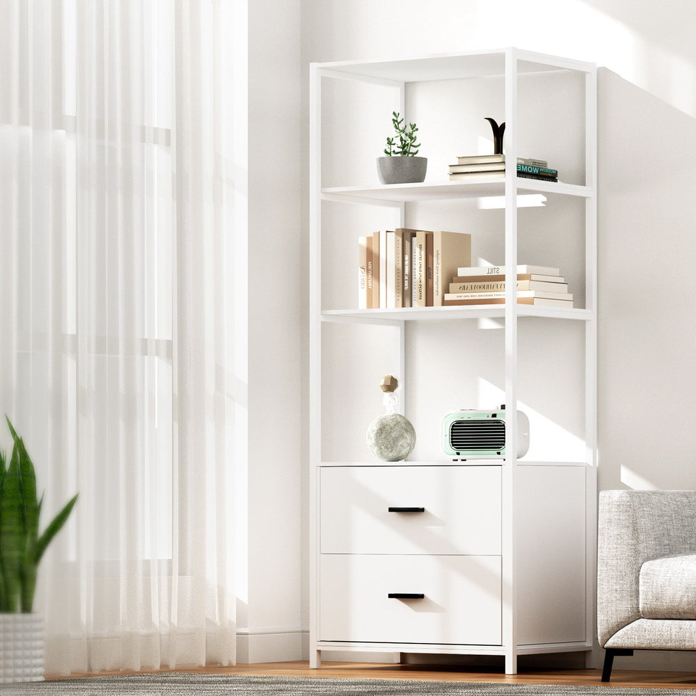 3-Tier Bookshelf with 2 Drawers, Anti-Tip Kit, White - Artiss