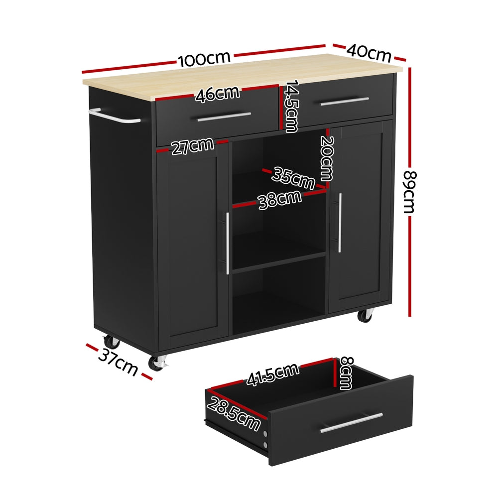 Artiss 100cm Kitchen Island Trolley Rolling Cart Black