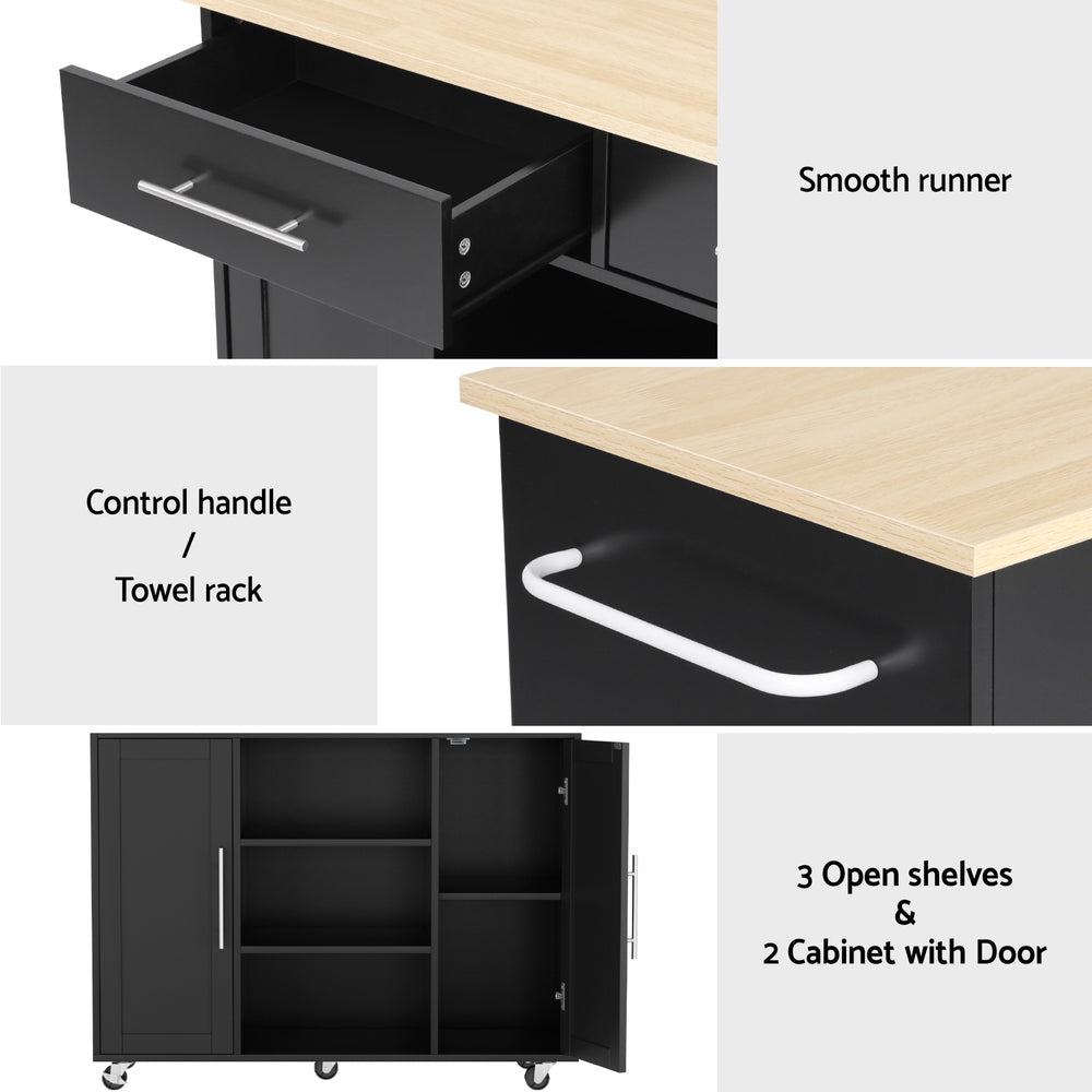 Artiss 100cm Kitchen Island Trolley Rolling Cart Black