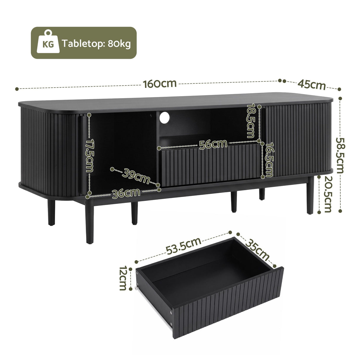 Artiss 160cm TV Unit with Sliding Fluted Doors Black