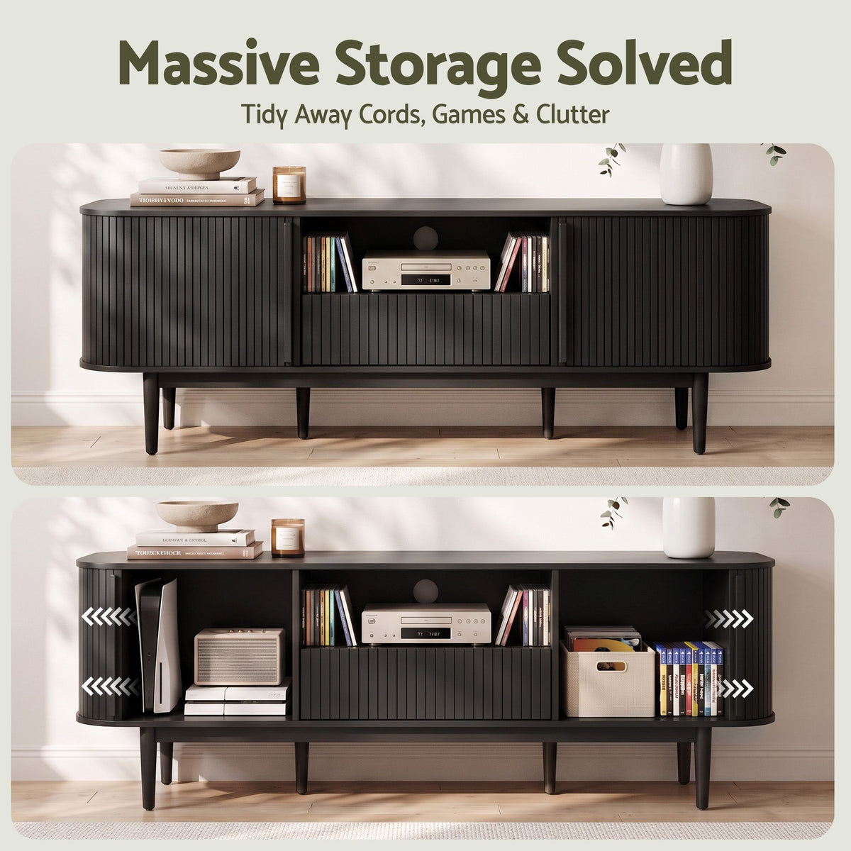 Artiss 160cm TV Unit with Sliding Fluted Doors Black
