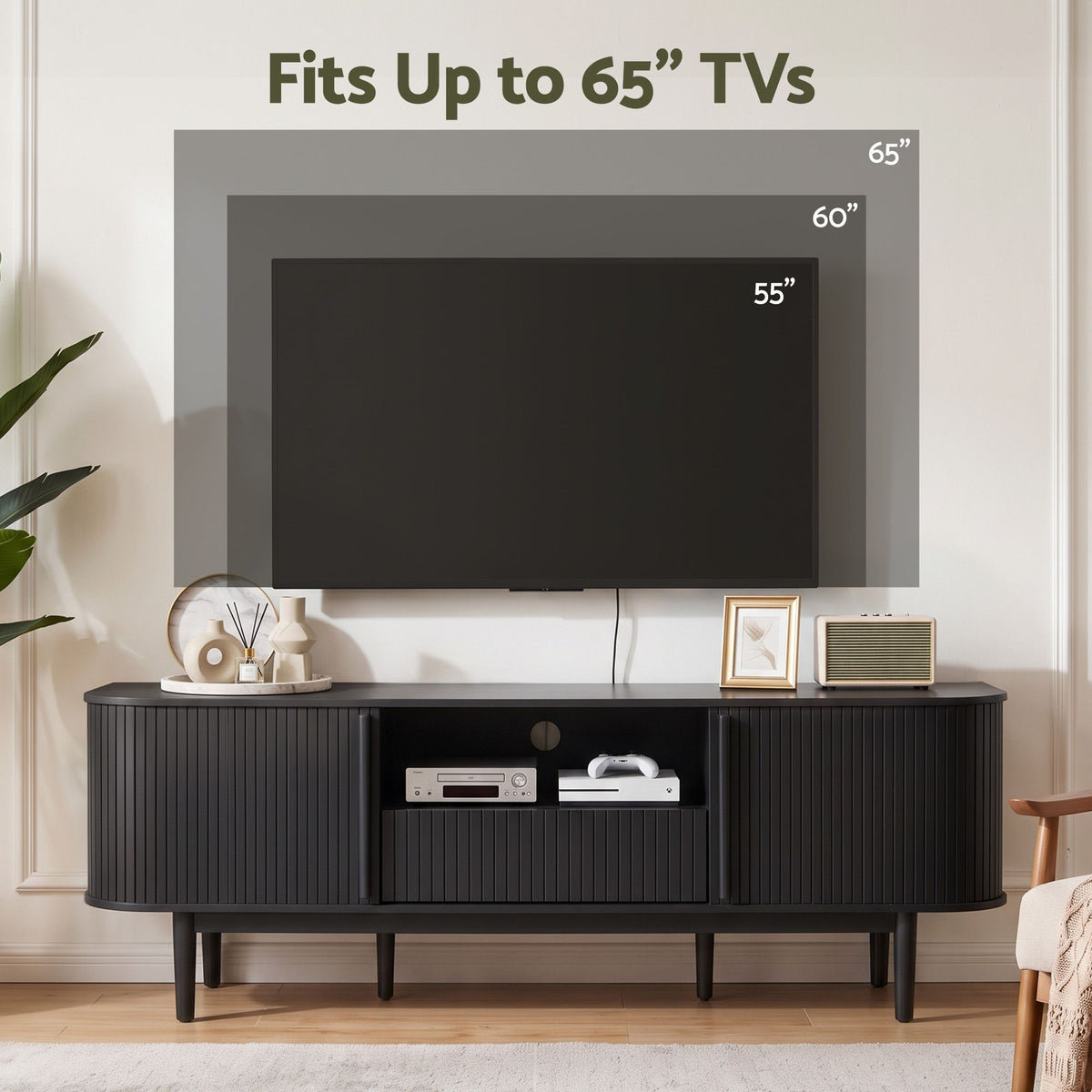 Artiss 160cm TV Unit with Sliding Fluted Doors Black