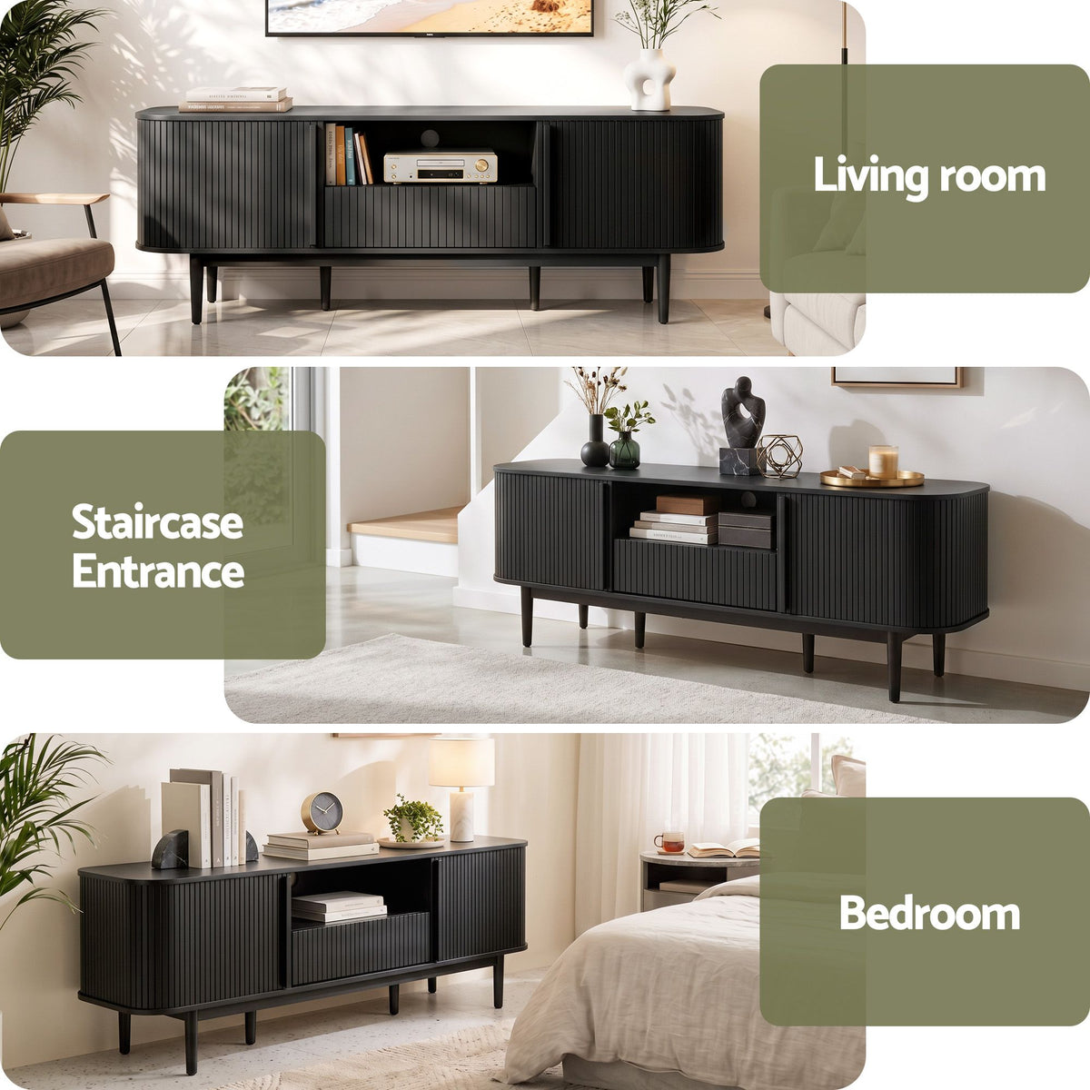 Artiss 160cm TV Unit with Sliding Fluted Doors Black