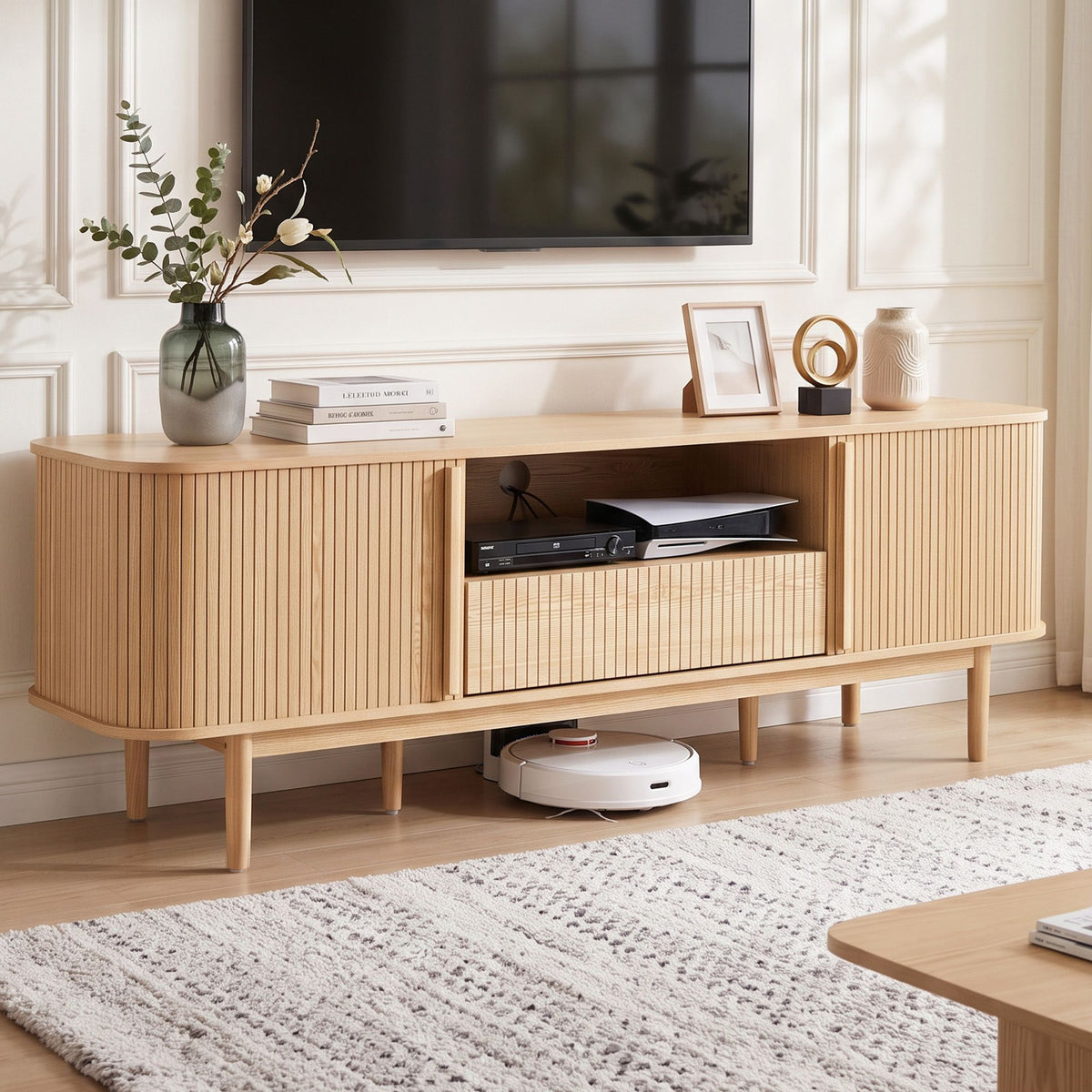 Artiss 160cm TV Unit Entertainment Cabinet with Fluted Doors, Pine