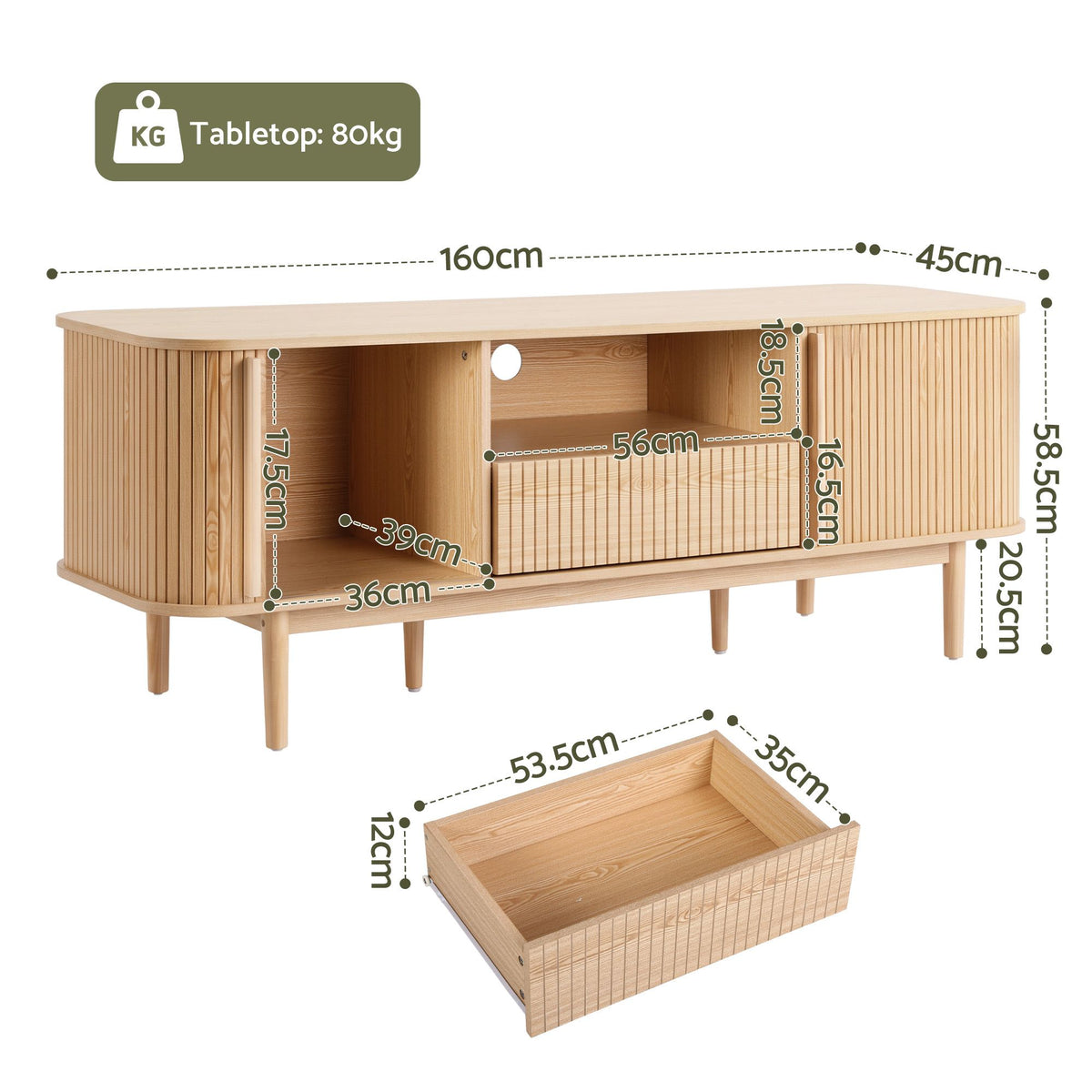 Artiss 160cm TV Unit Entertainment Cabinet with Fluted Doors, Pine