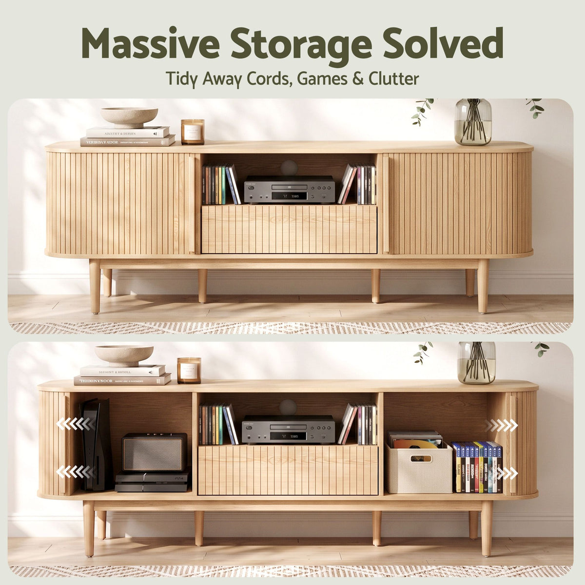 Artiss 160cm TV Unit Entertainment Cabinet with Fluted Doors, Pine