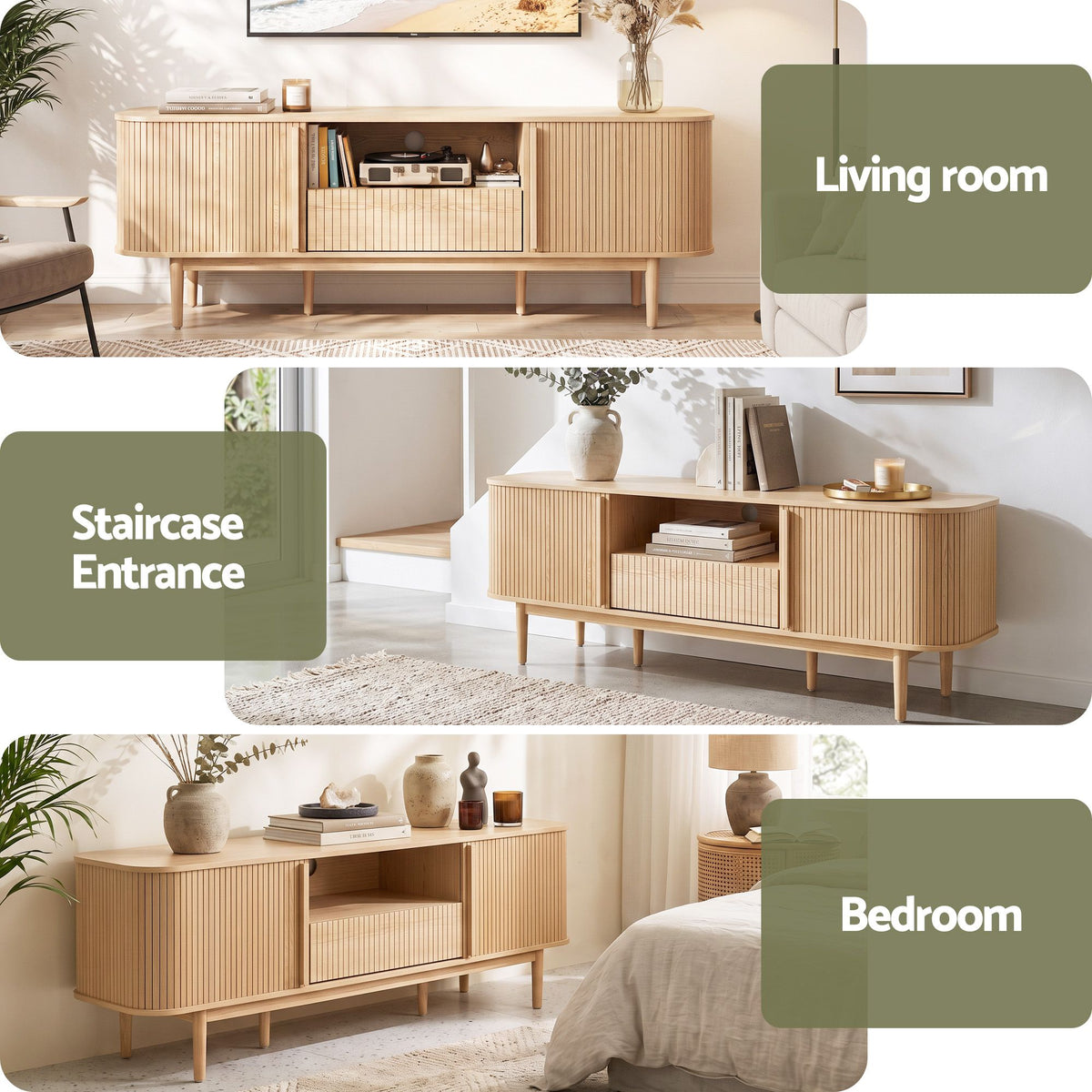 Artiss 160cm TV Unit Entertainment Cabinet with Fluted Doors, Pine