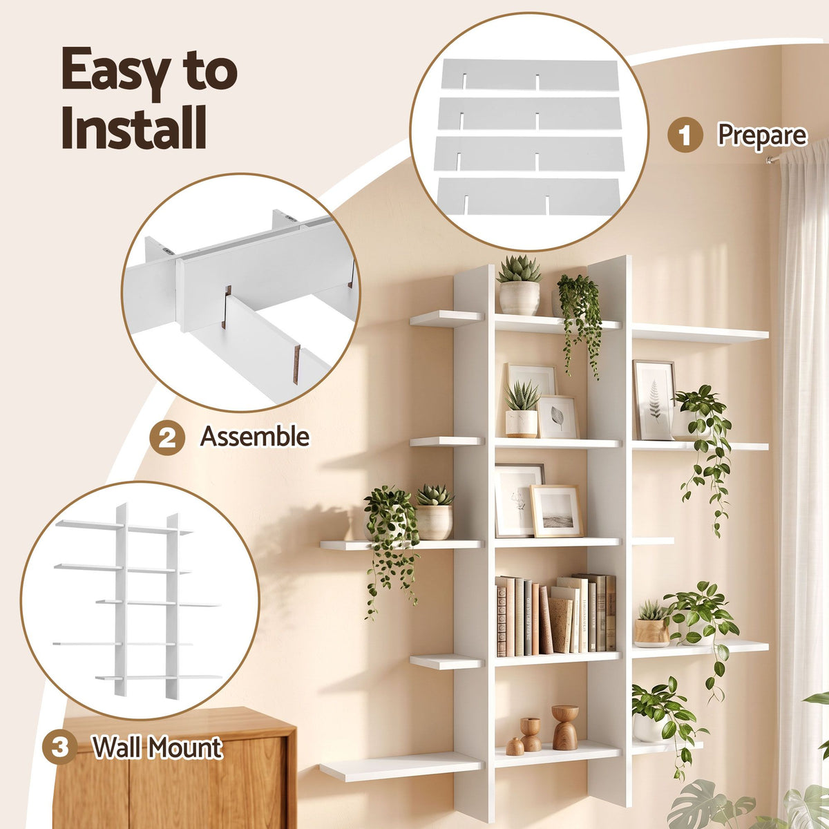 Artiss 15-Section Wall Mounted Display Shelf, Floating Bookshelf for Books and Decor, Extra Thick E1 PB Board for Home Study and Living Room, 116 x 18 x 129 cm