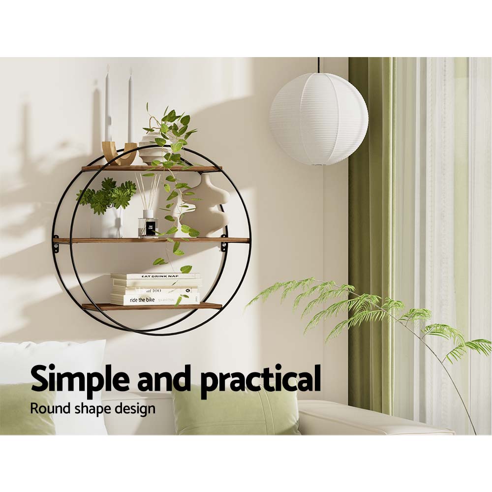 Iman 3-Tier Round Floating Wall Shelf Rust Oak/Black