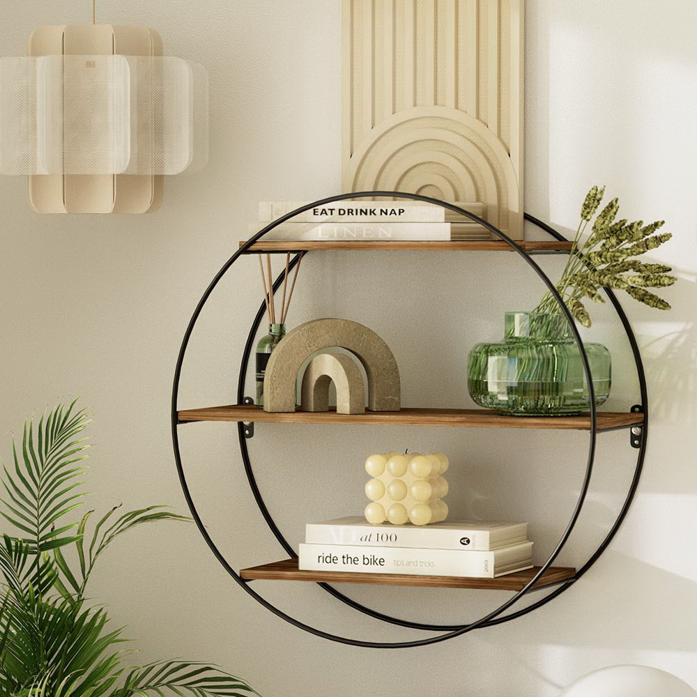 Iman 3-Tier Round Floating Wall Shelf Rust Oak/Black