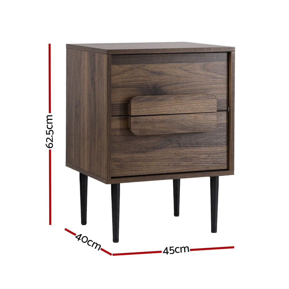 Walnut Nightstand 2-Drawer Bedside Table Black Metal Legs