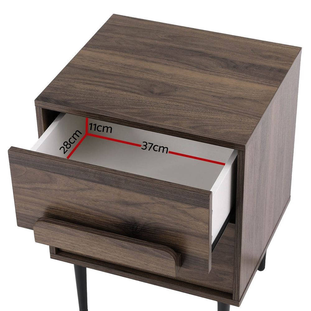 Walnut Nightstand 2-Drawer Bedside Table Black Metal Legs