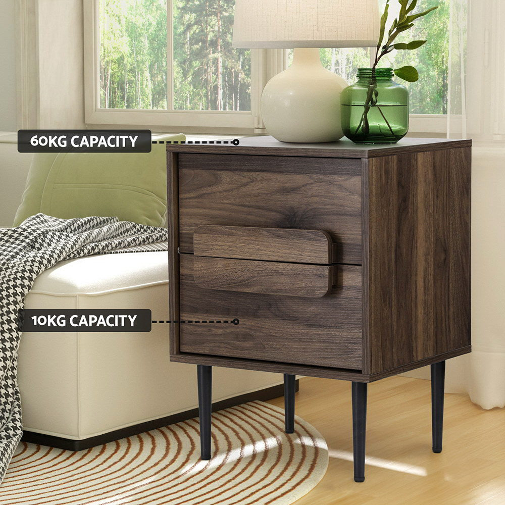 Walnut Nightstand 2-Drawer Bedside Table Black Metal Legs