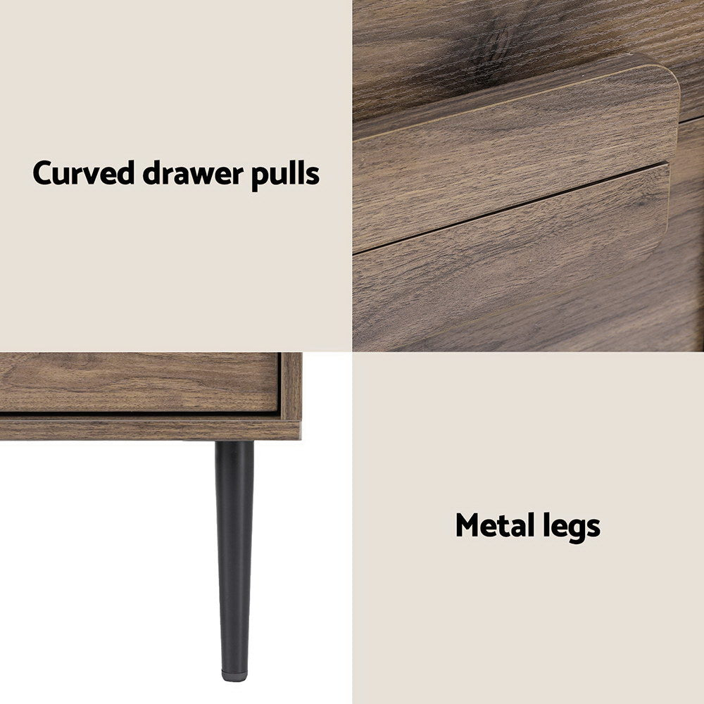 Walnut Nightstand 2-Drawer Bedside Table Black Metal Legs