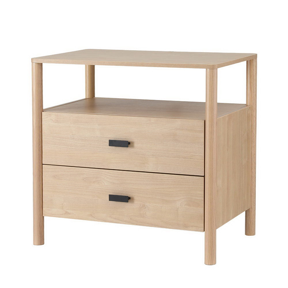 Pine 2-Drawer Nightstand with Shelf and Metal Handles