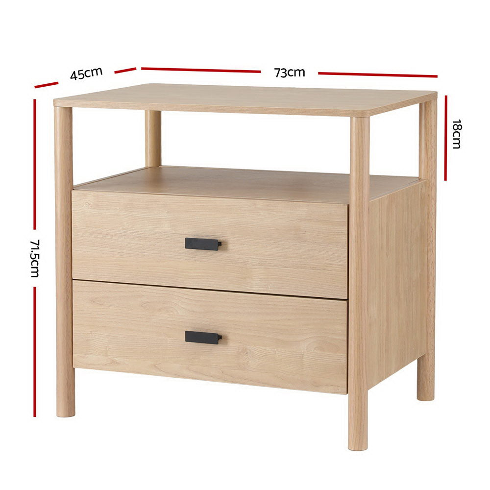 Pine 2-Drawer Nightstand with Shelf and Metal Handles