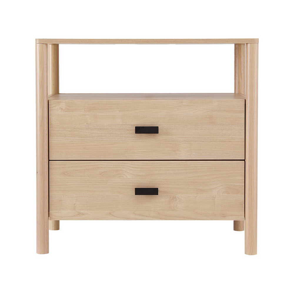 Pine 2-Drawer Nightstand with Shelf and Metal Handles